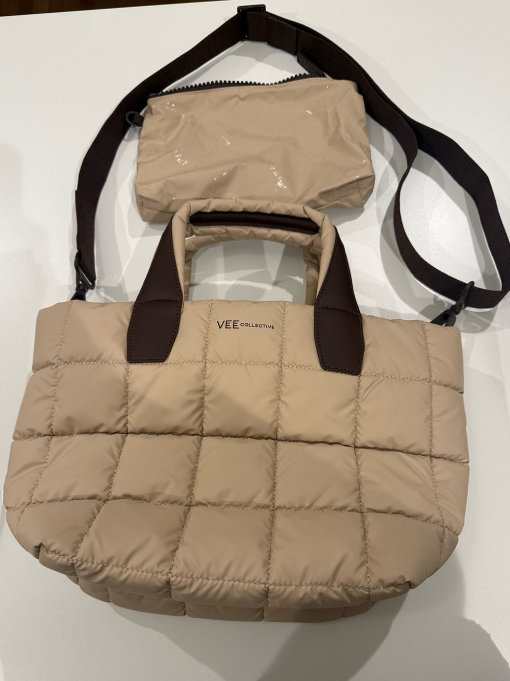 VEE Collective Small Porter Quilted Tote with Brown Handles NWOT